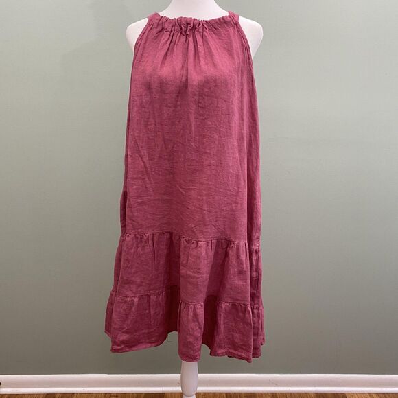 Bellambia Dress Womens Medium Pink Linen Sleeveless Tiered Italy Boho Summer Bow - Picture 1 of 11